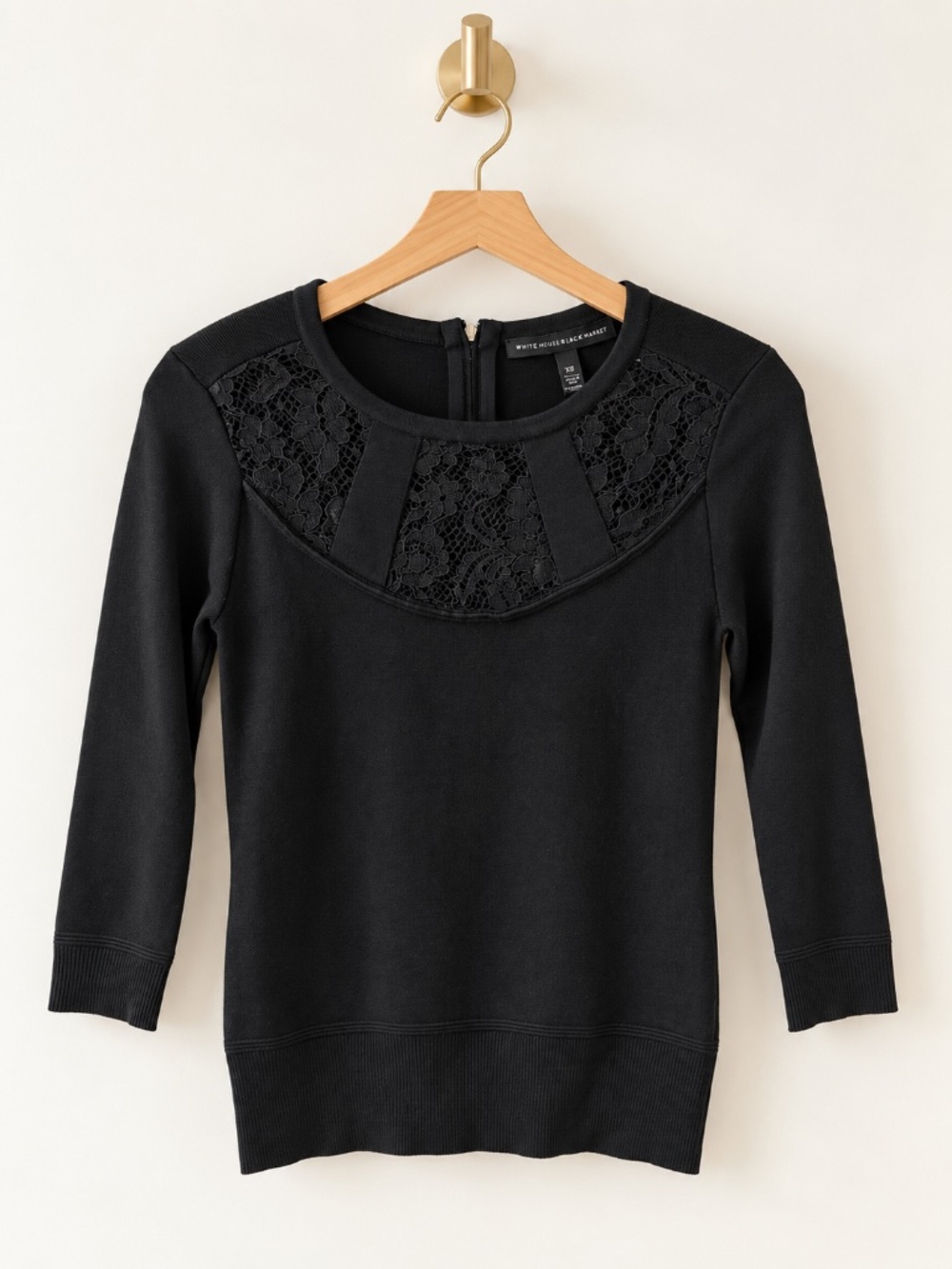 White House Black Market Black Lace Yoke 3/4 Sleeve Sweater Knit Top Size XS